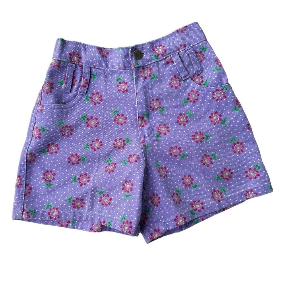 Vintage 90’s Girls Purple Flower Printed High Rise Mom Denim Shorts